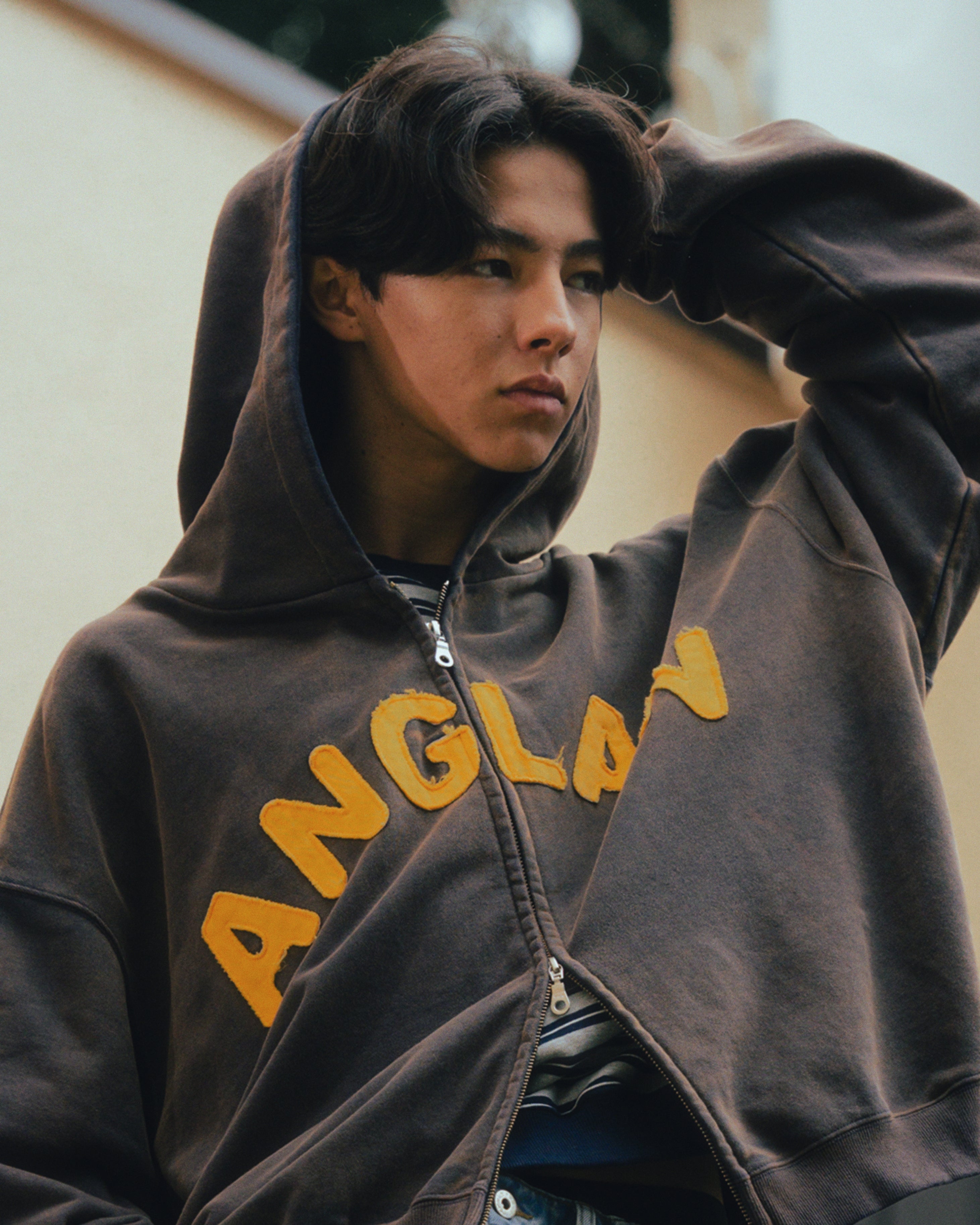 Anglan Appliqué Zip-Up Washed Hoodie - Washed Navy