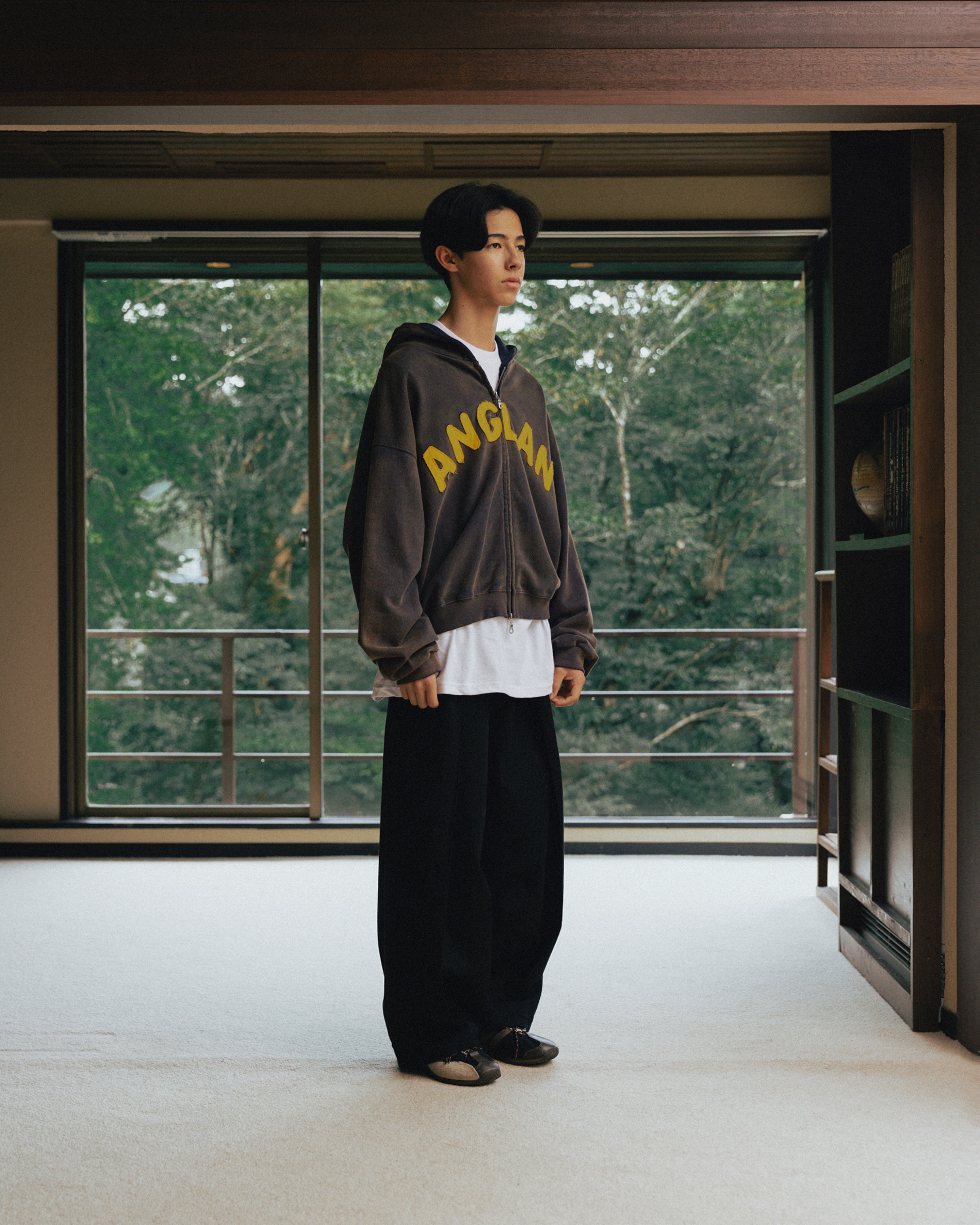 Anglan Appliqué Zip-Up Washed Hoodie - Washed Navy