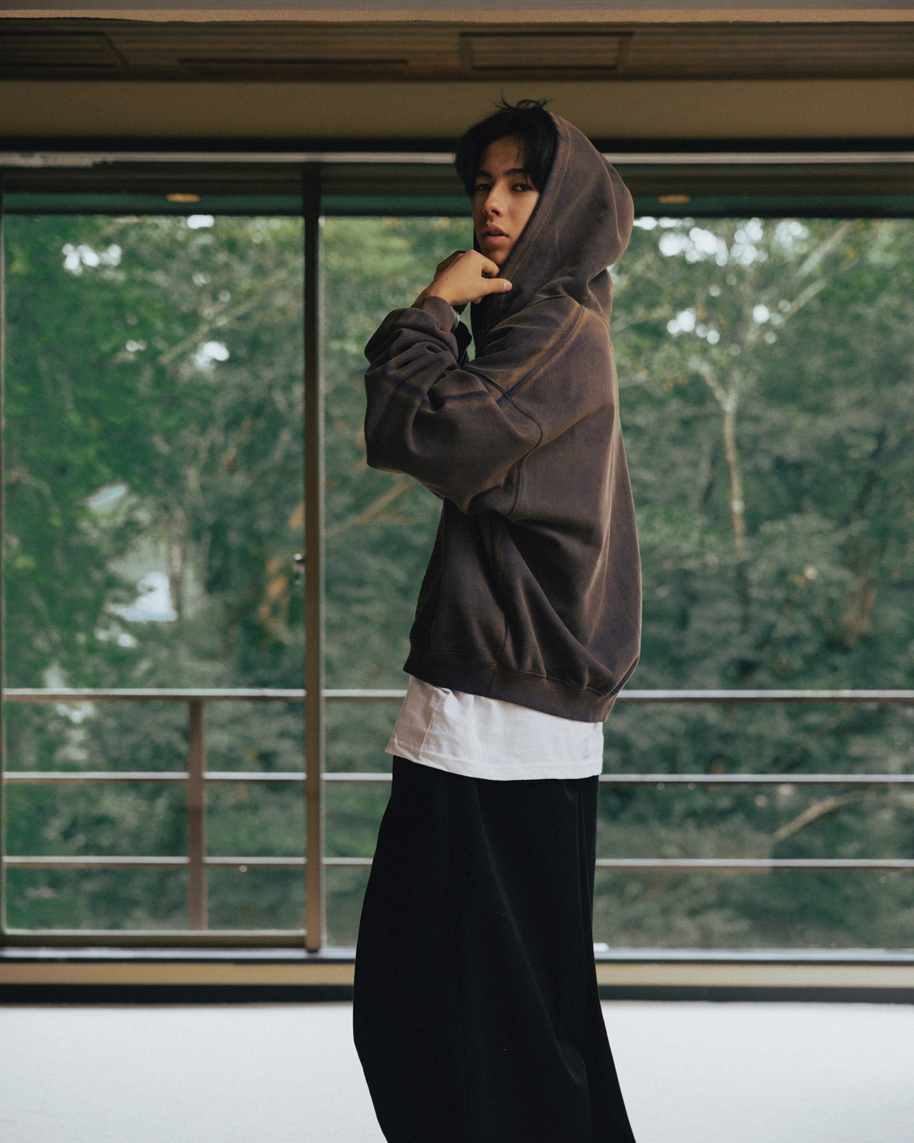 Anglan Appliqué Zip-Up Washed Hoodie - Washed Navy