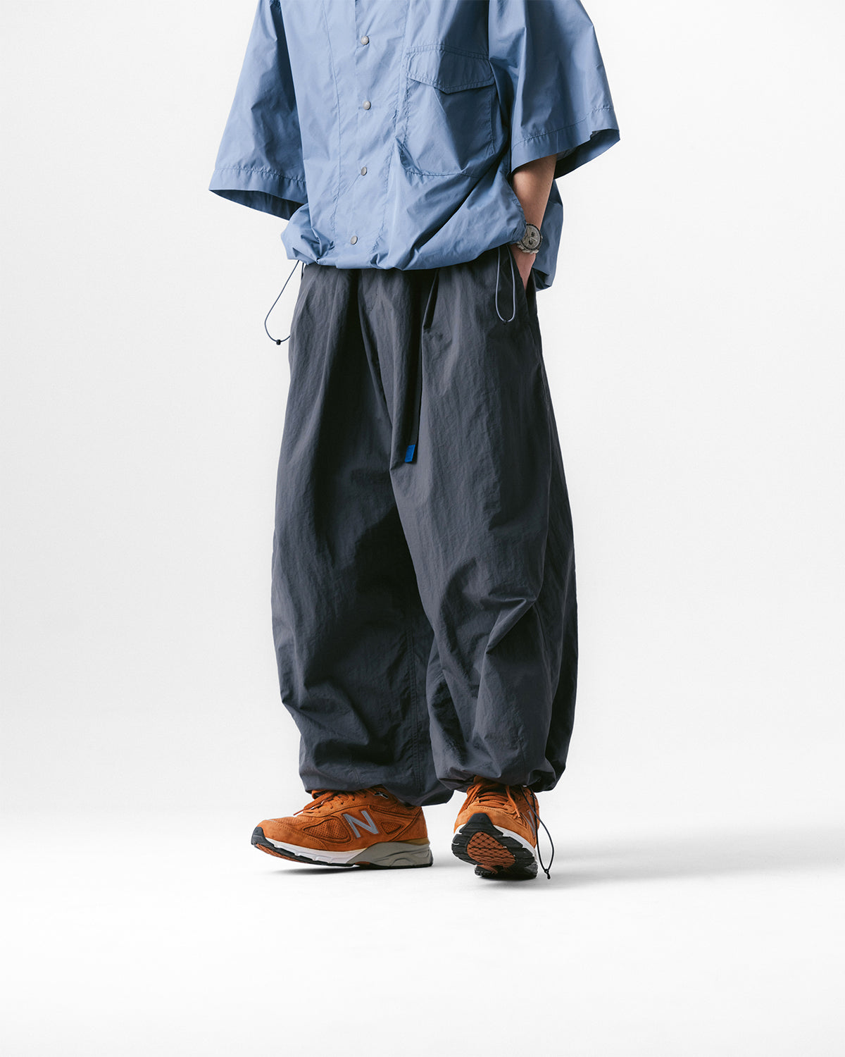 Anglan Nylon Tuck Belt String Balloon Pants - Gray