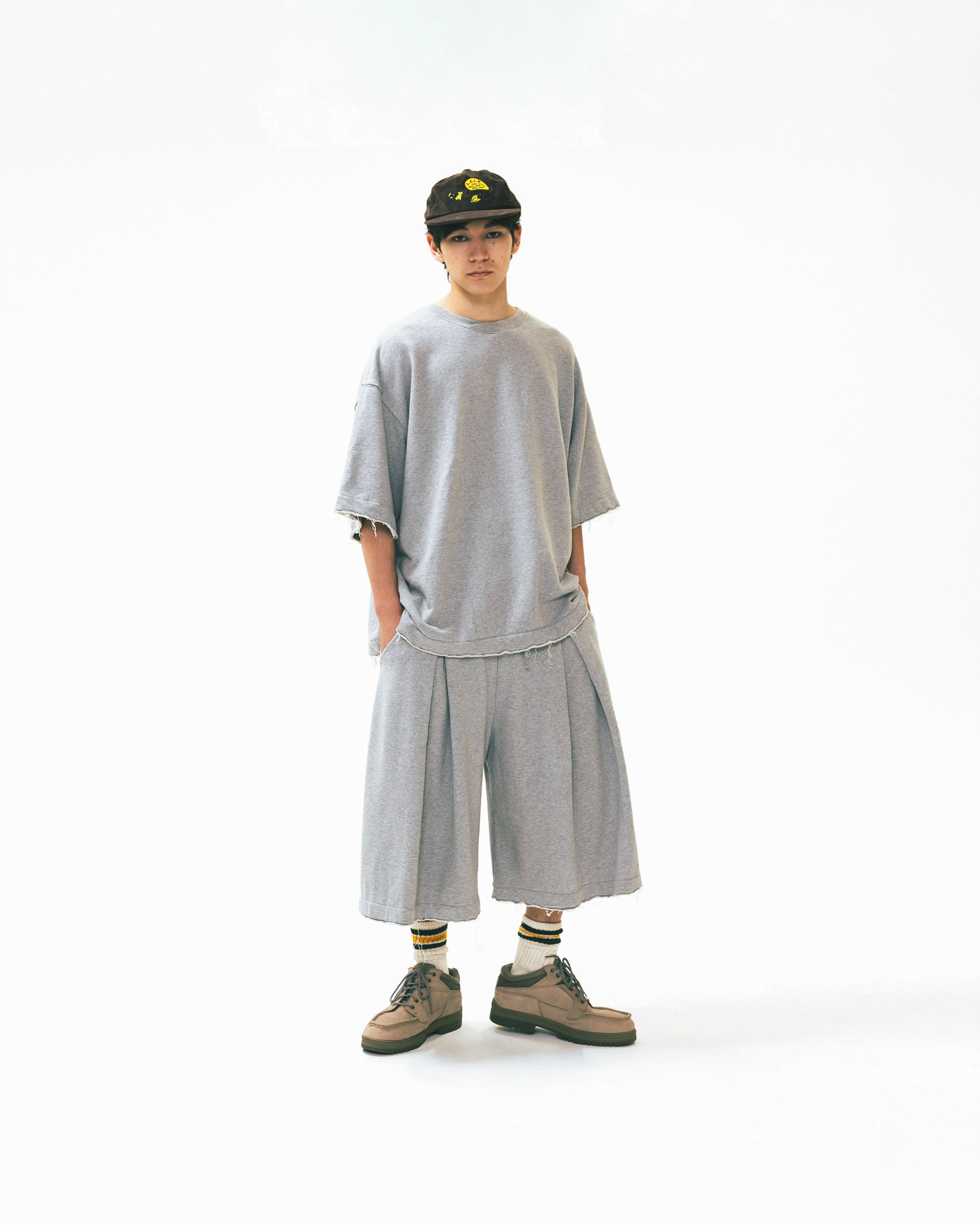 ANGLAN Valley Tuck Sweat Half Tee - Melange Grey