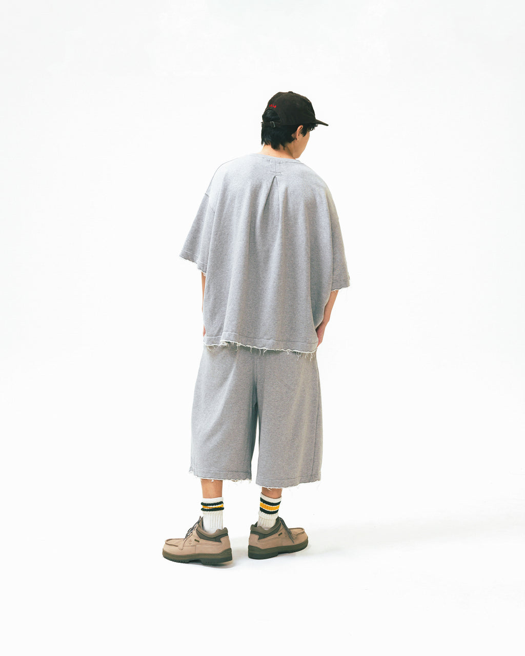 ANGLAN Valley Tuck Sweat Half Tee - Melange Grey